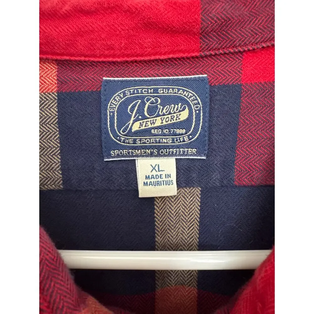 J.CREW New York Mens Red Flannel Plaid Shirt Long Sleeve Half Button XL